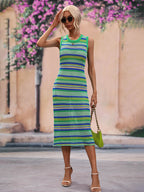 Striped Round Neck Sleeveless Midi Cover Up Dress (3)