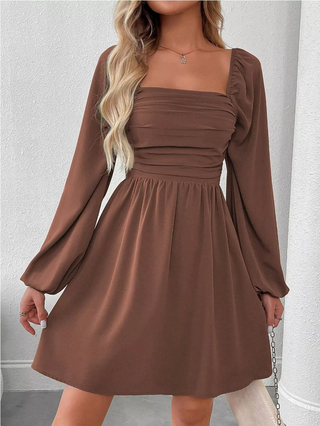 Ruched Square Neck Long Sleeve A-line Dress (19)