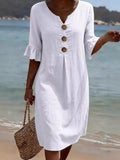 Full Size Button Decor Ruffle Sleeve Midi Dress Plus