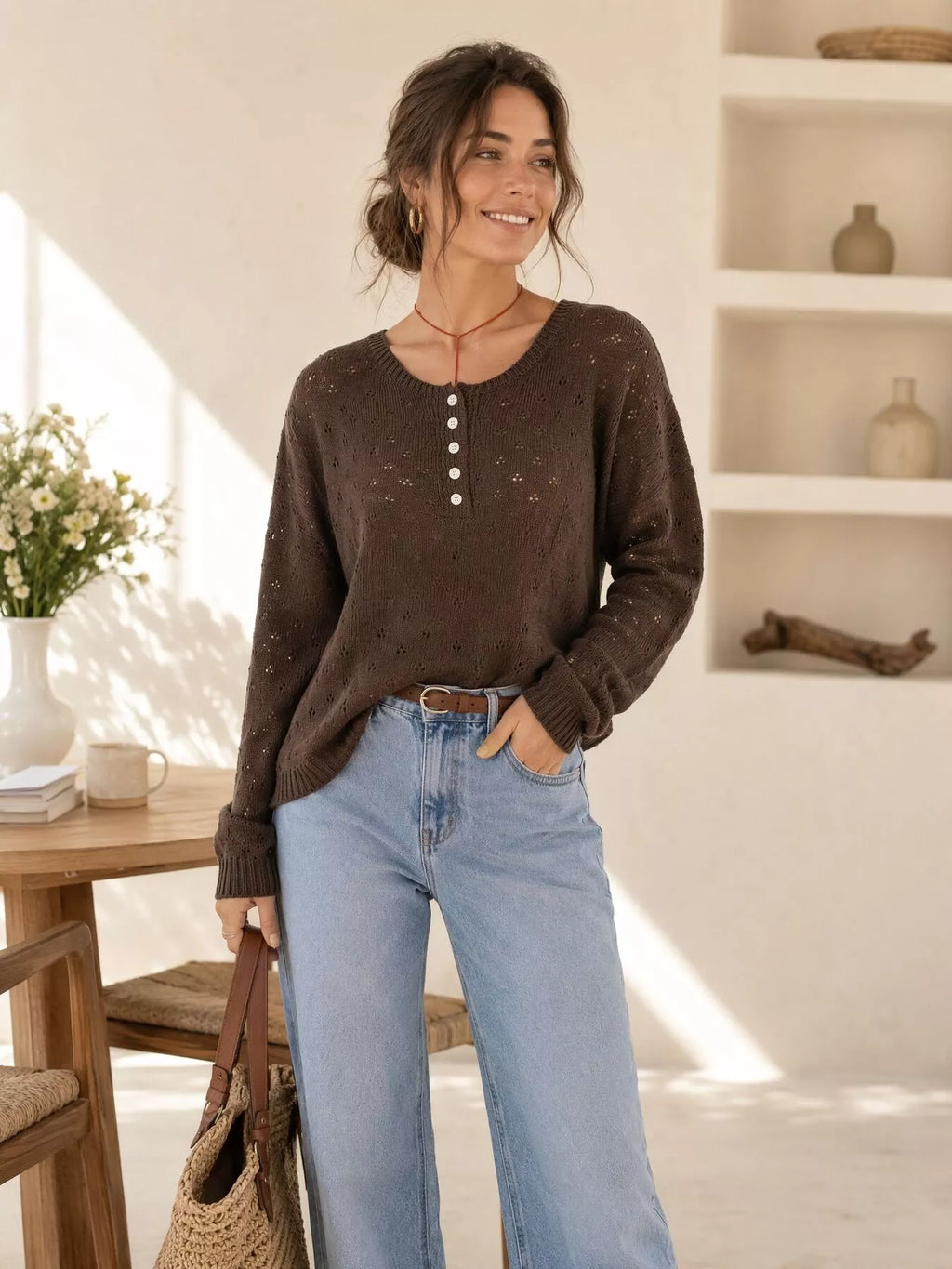 Pointelle Button-front Round Neck Knit Top (16)