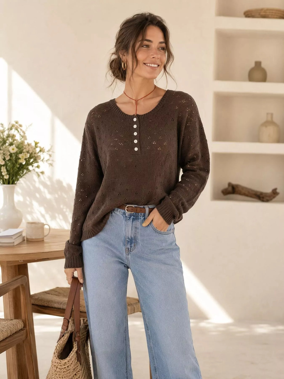 Pointelle Button-front Round Neck Knit Top (16)