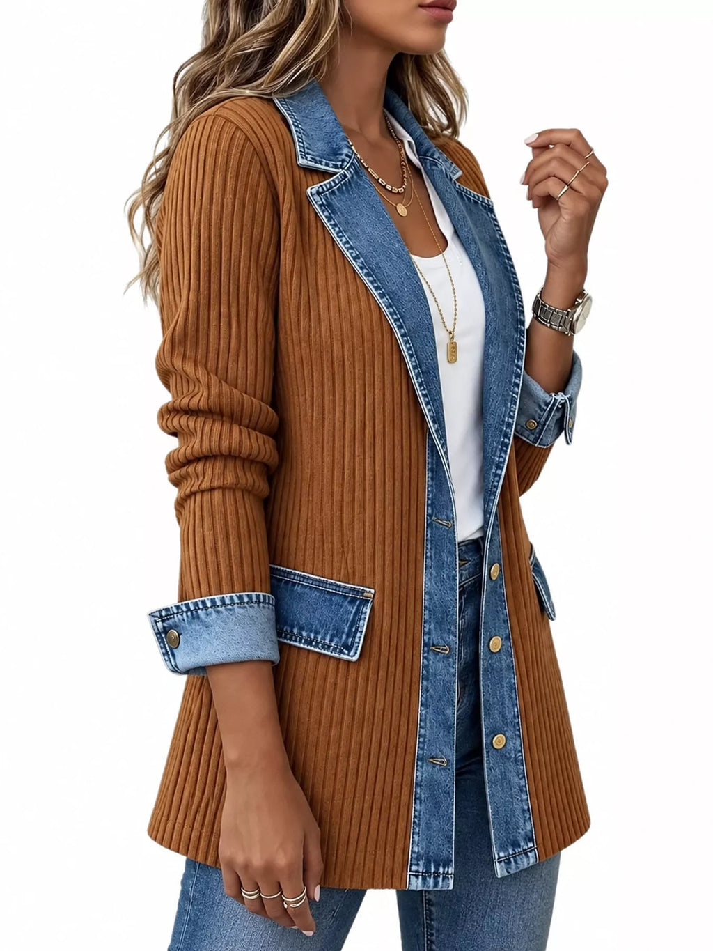 Full Size Denim Trim Ribbed Knit Cardigan Plus (9)