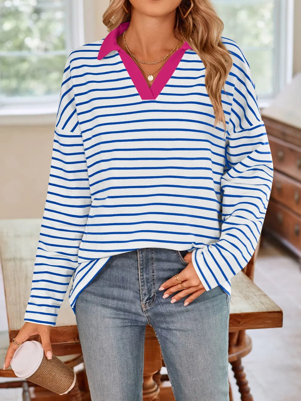 Striped Johnny Collar Long Sleeve T-shirt (6)