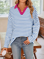 Striped Johnny Collar Long Sleeve T-shirt (6)