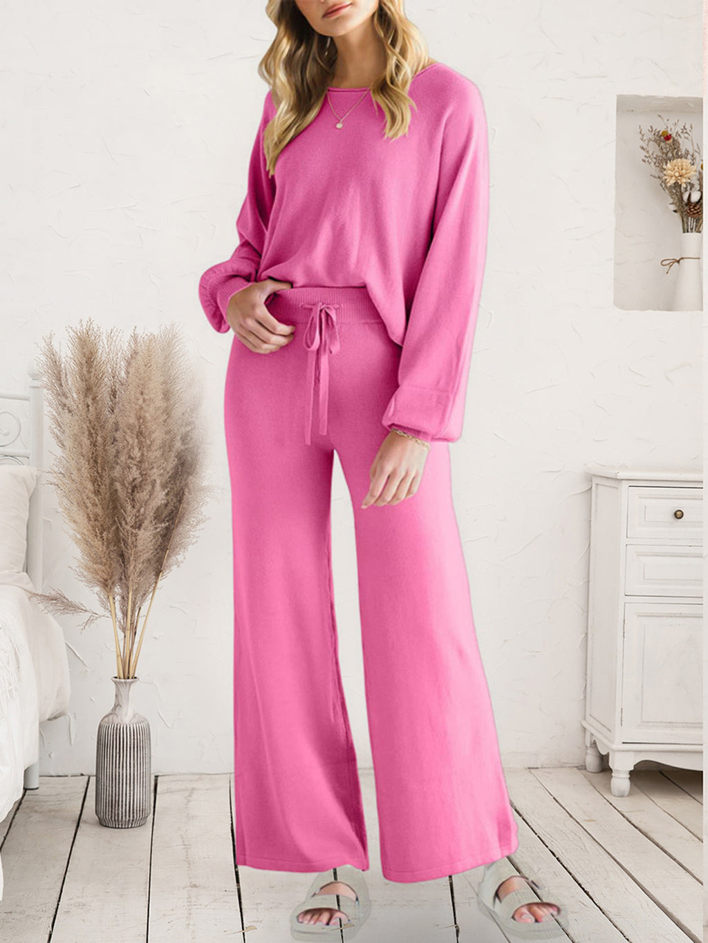 Long Sleeve Lounge Top Drawstring Pants Set