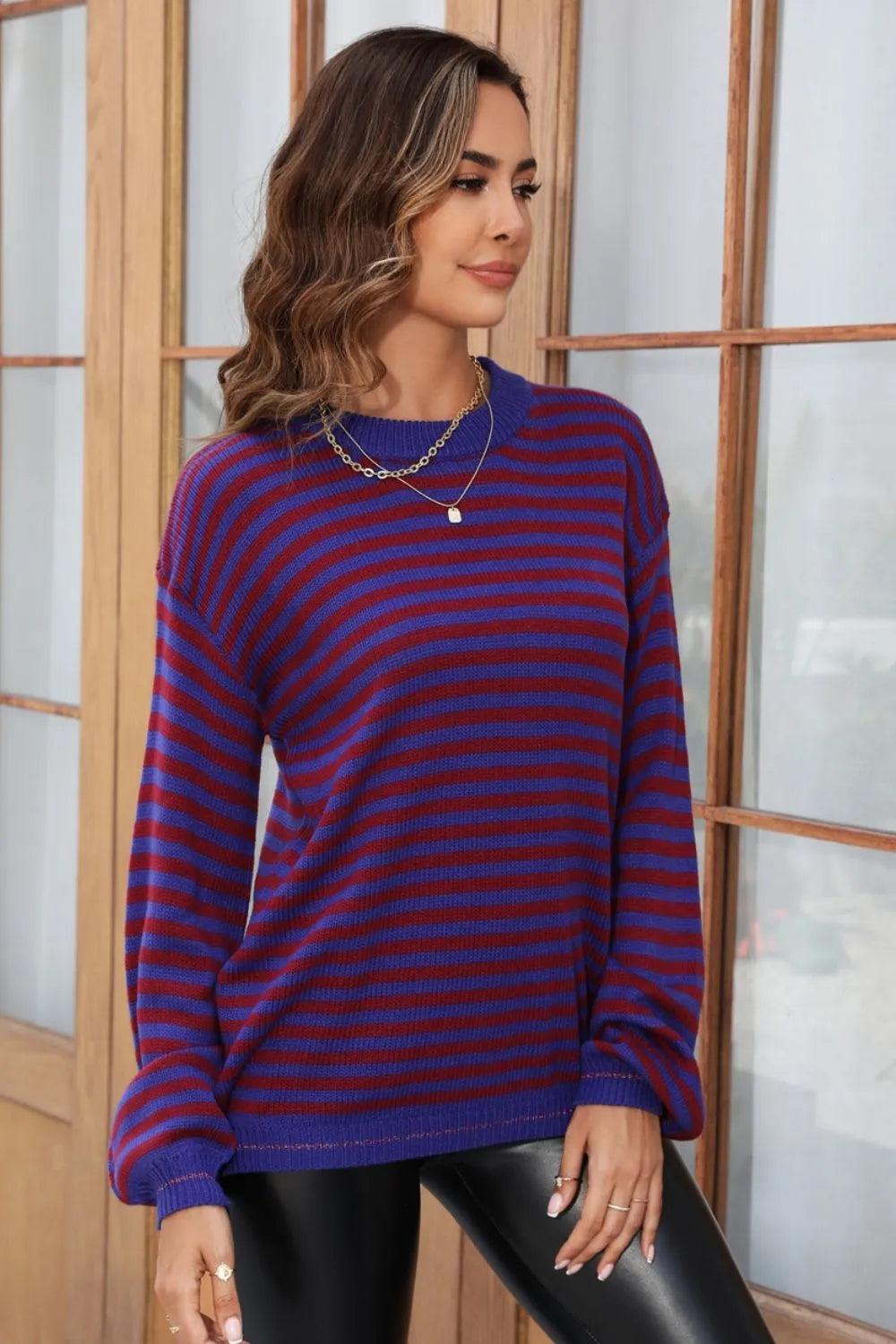 Striped Round Neck Dropped Shoulder Sweater (12)