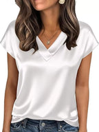Satin V-neck Short Sleeve Blouse