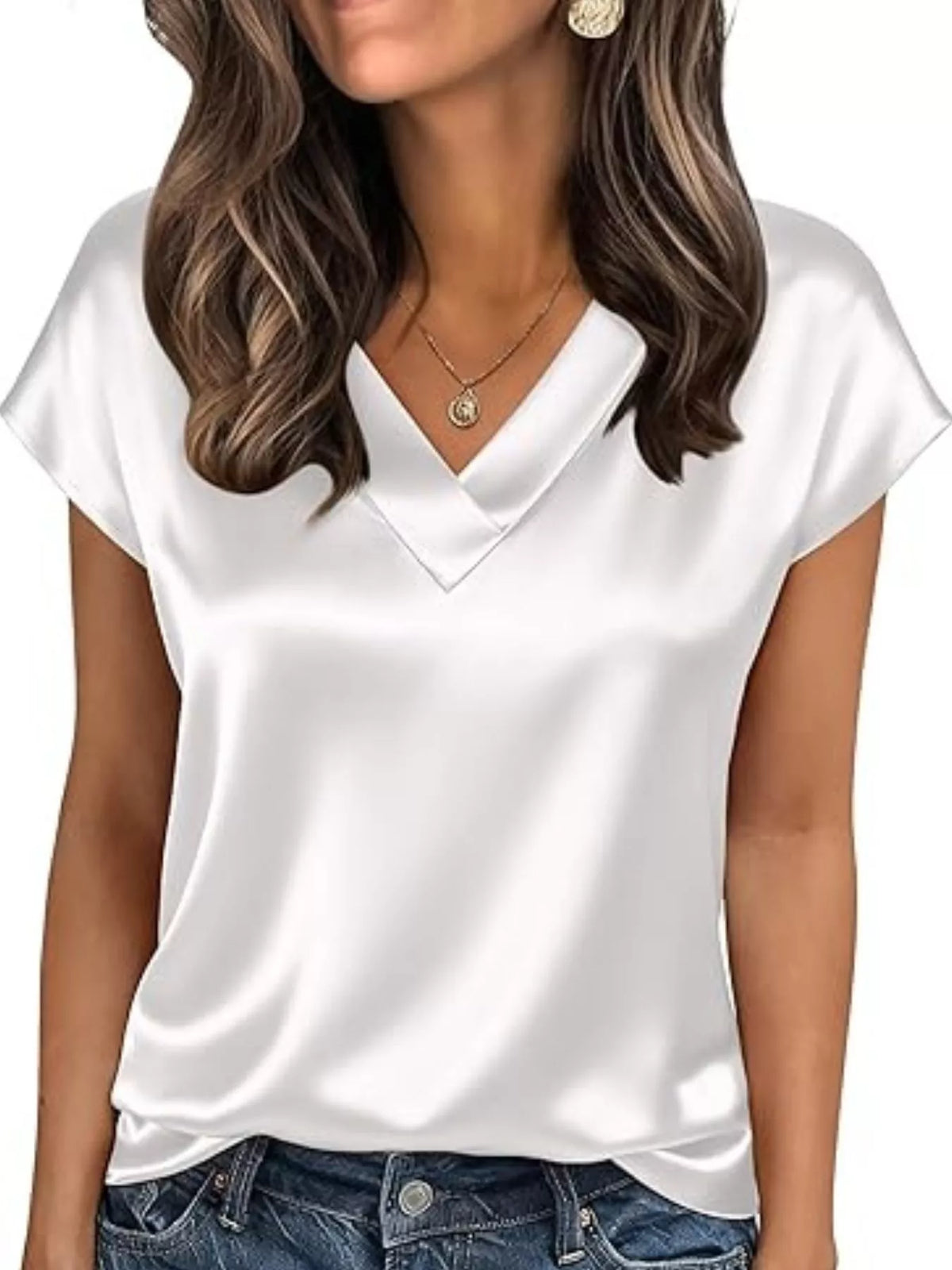 Satin V-neck Short Sleeve Blouse