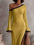 Slit One-shoulder Contrast Trim Maxi Dress (6)
