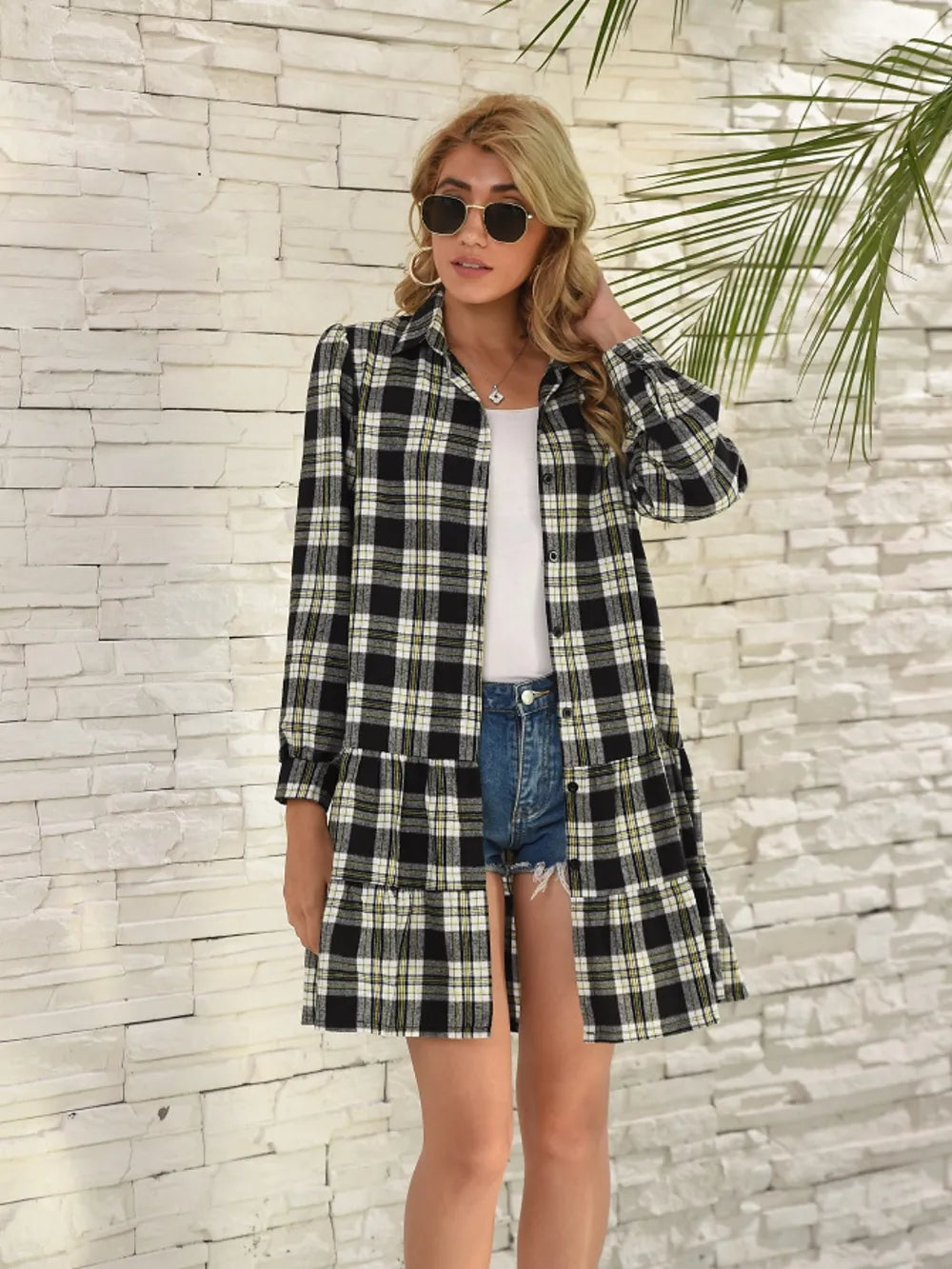 Ruffle Hem Plaid Button Down Long Sleeve Dress (13)
