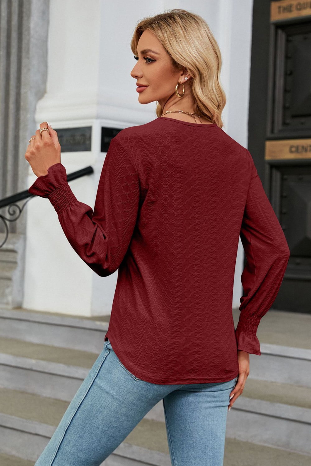 V-neck Flounce Sleeve Blouse (2)