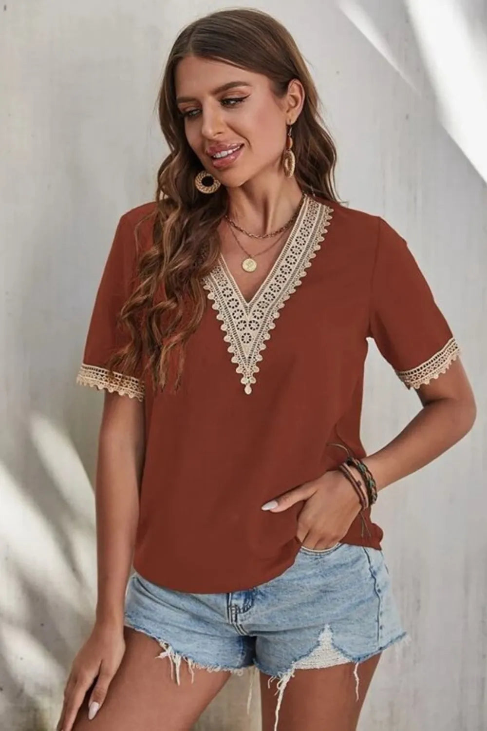 Full Size Lace Detail V-neck Short Sleeve Blouse Plus (4)