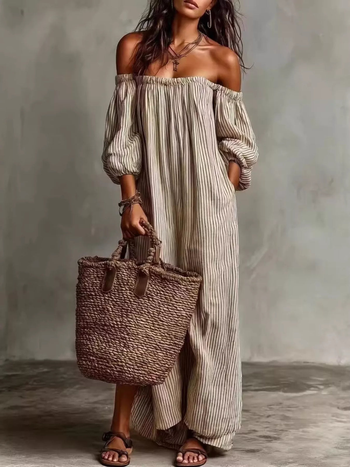 Full Size Off-shoulder Striped Maxi Dress Puff Sleeves Plus