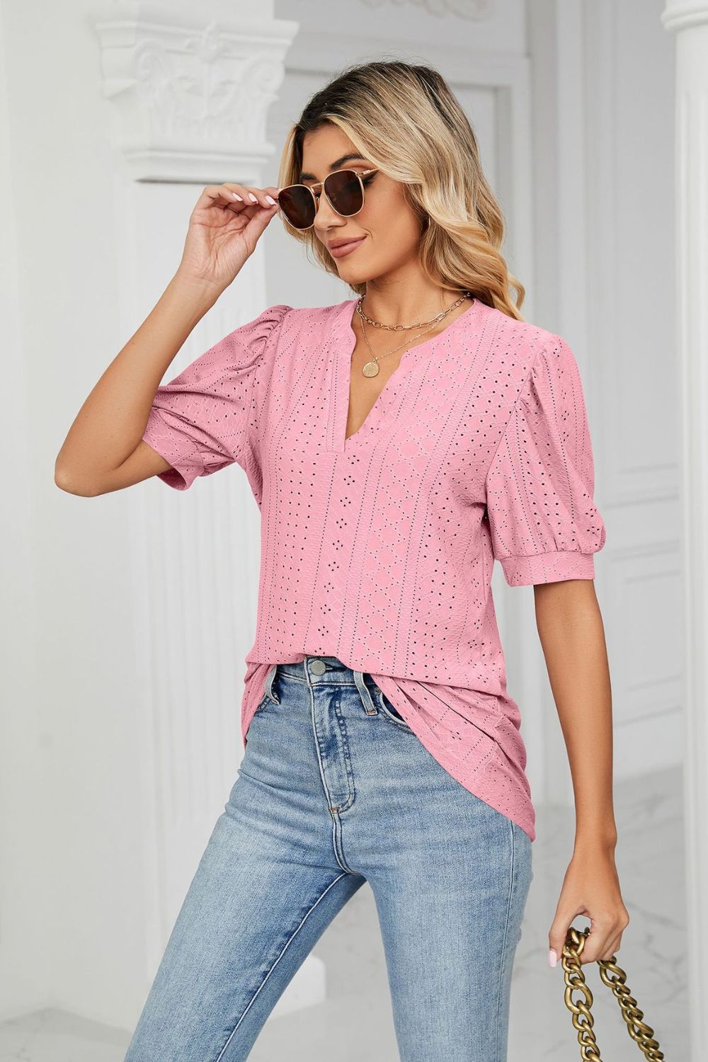 Eyelet Short Puff Sleeve Notched Neck Top (27)