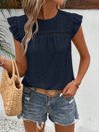 Eyelet Round Neck Cap Sleeve Top (18)
