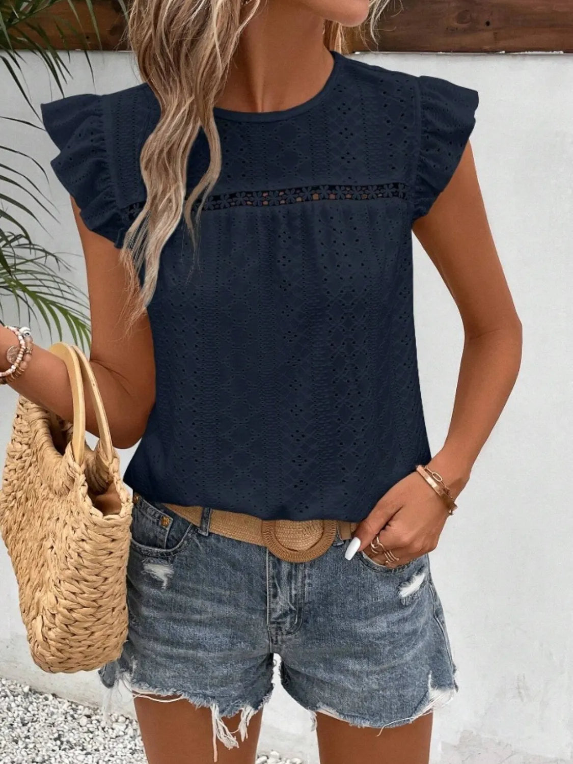 Eyelet Round Neck Cap Sleeve Top (18)