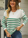 Round Neck Shoulder Button Striped Pullover Sweater (9)