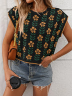 Flower Round Neck Short Sleeve Knit Top (8)
