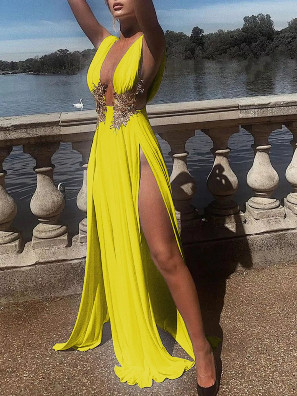 Deep V-neck High Slit Maxi Dress (23)