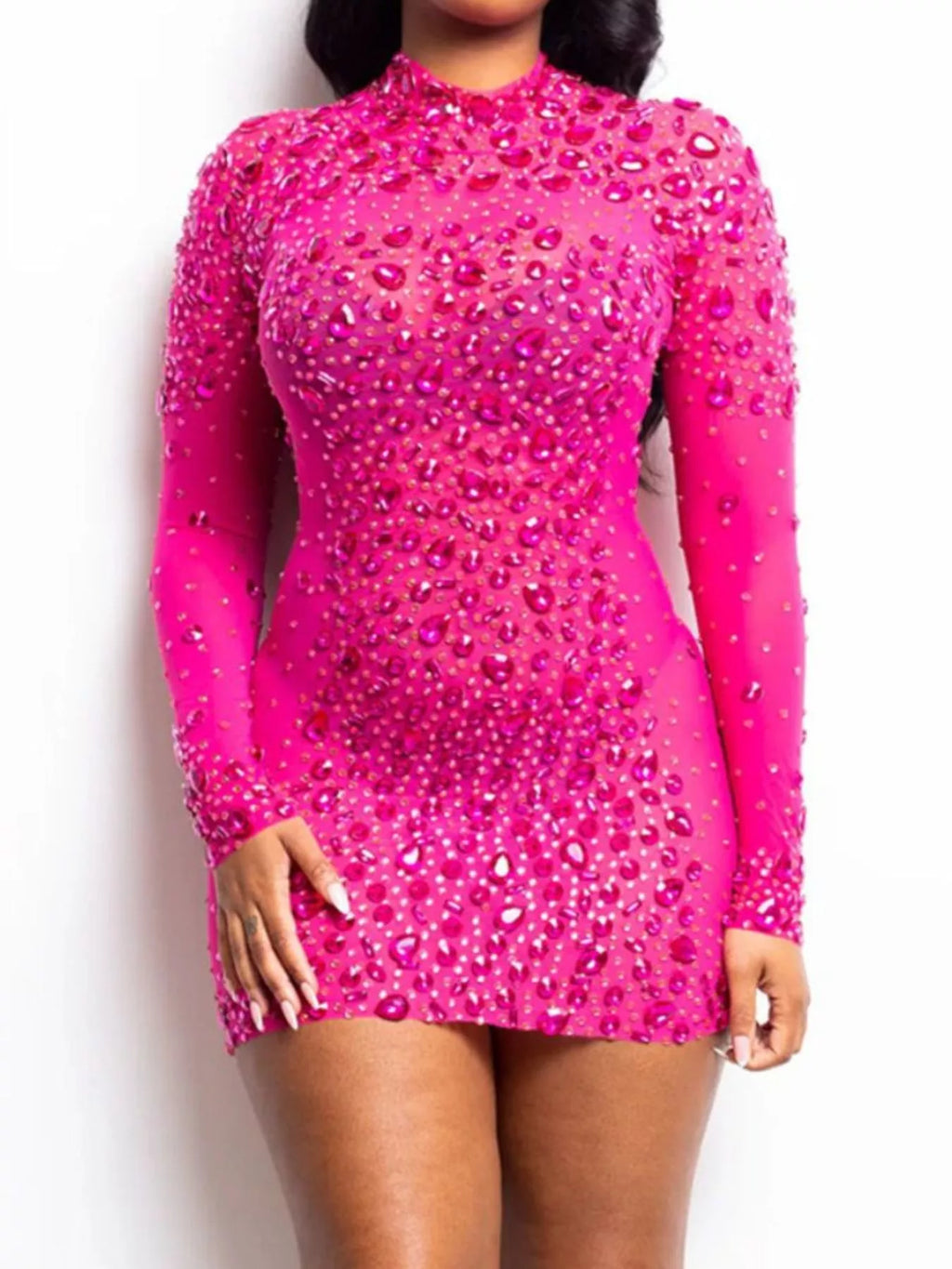 Rhinestone Embellished Long Sleeve Bodycon Mini Dress