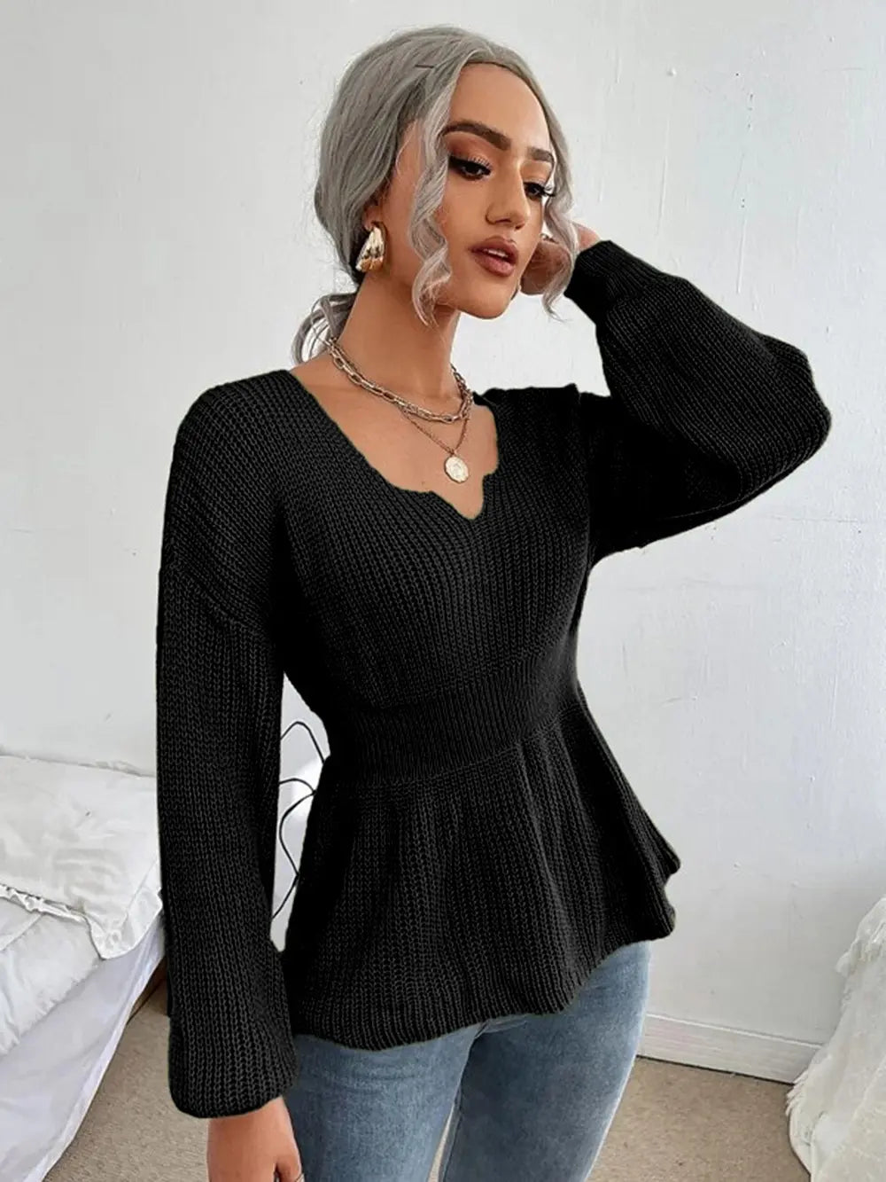 Notched Dropped Shoulder Knit Top (6)