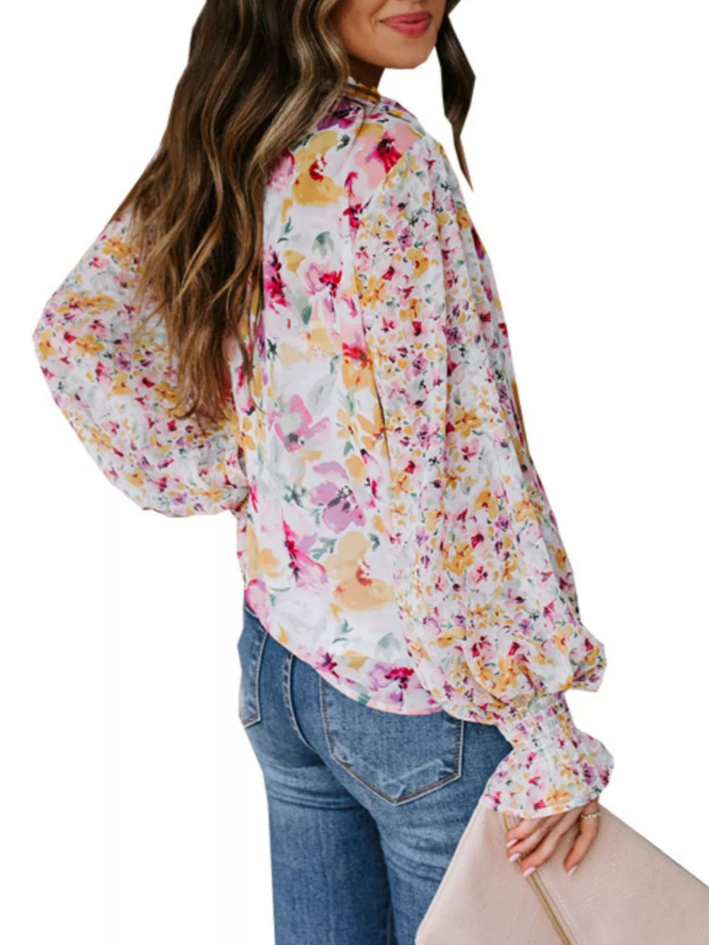 Full Size Floral Print Smocked Cuff Blouse Plus (3)