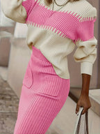 Two-tone Ribbed Knit Top Skirt Sweater Set (6)