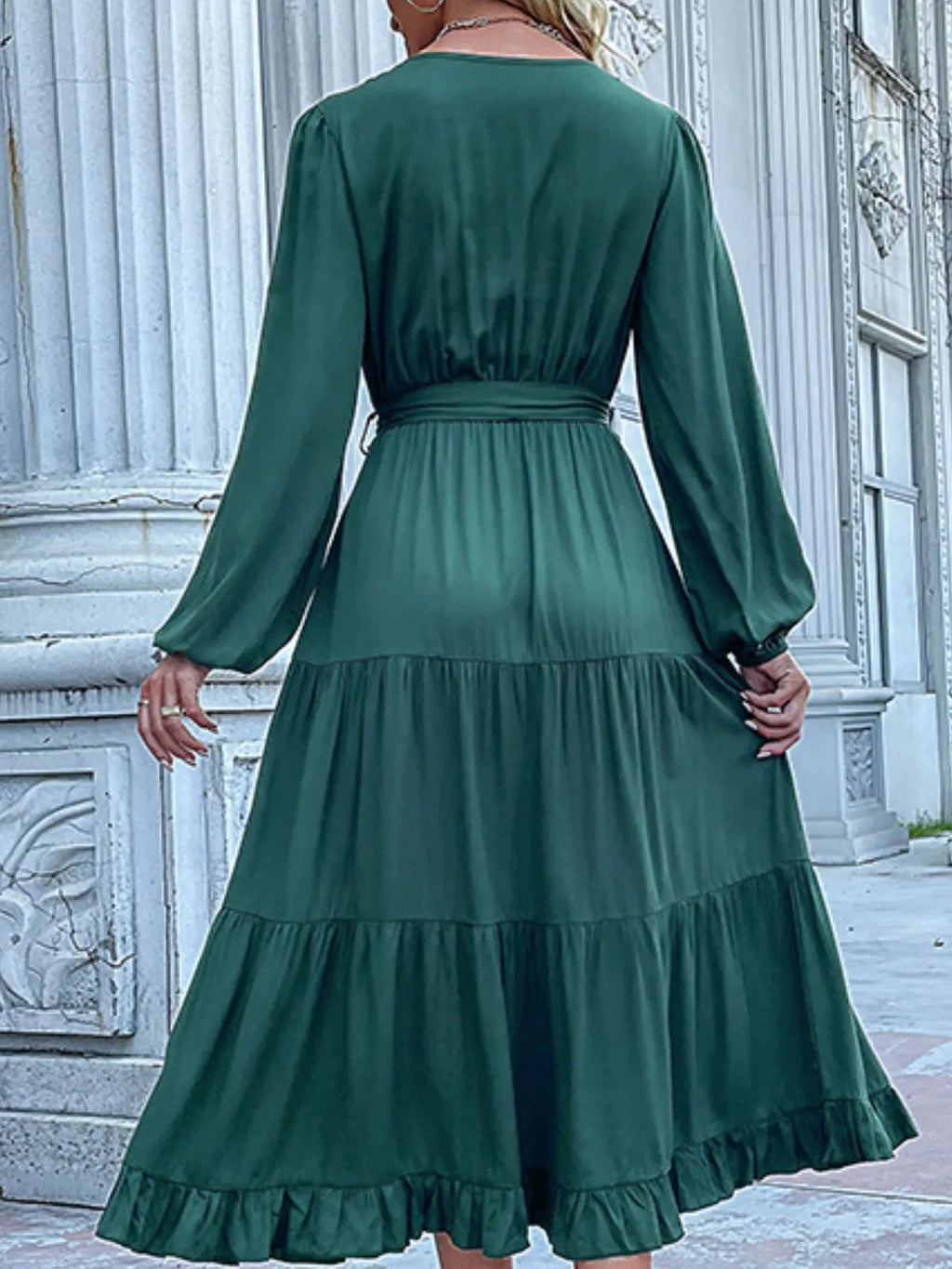 Ruffled Hem V-neck Balloon Sleeve Dress (3)