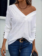 Eyelet V-neck Long Sleeve T-shirt (2)