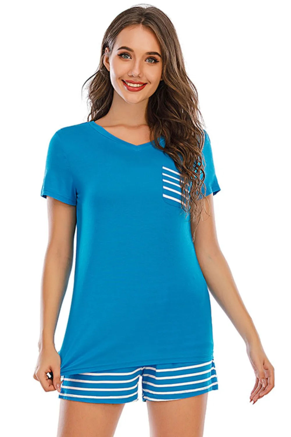 Striped Short Sleeve Top Shorts Lounge Set (23)