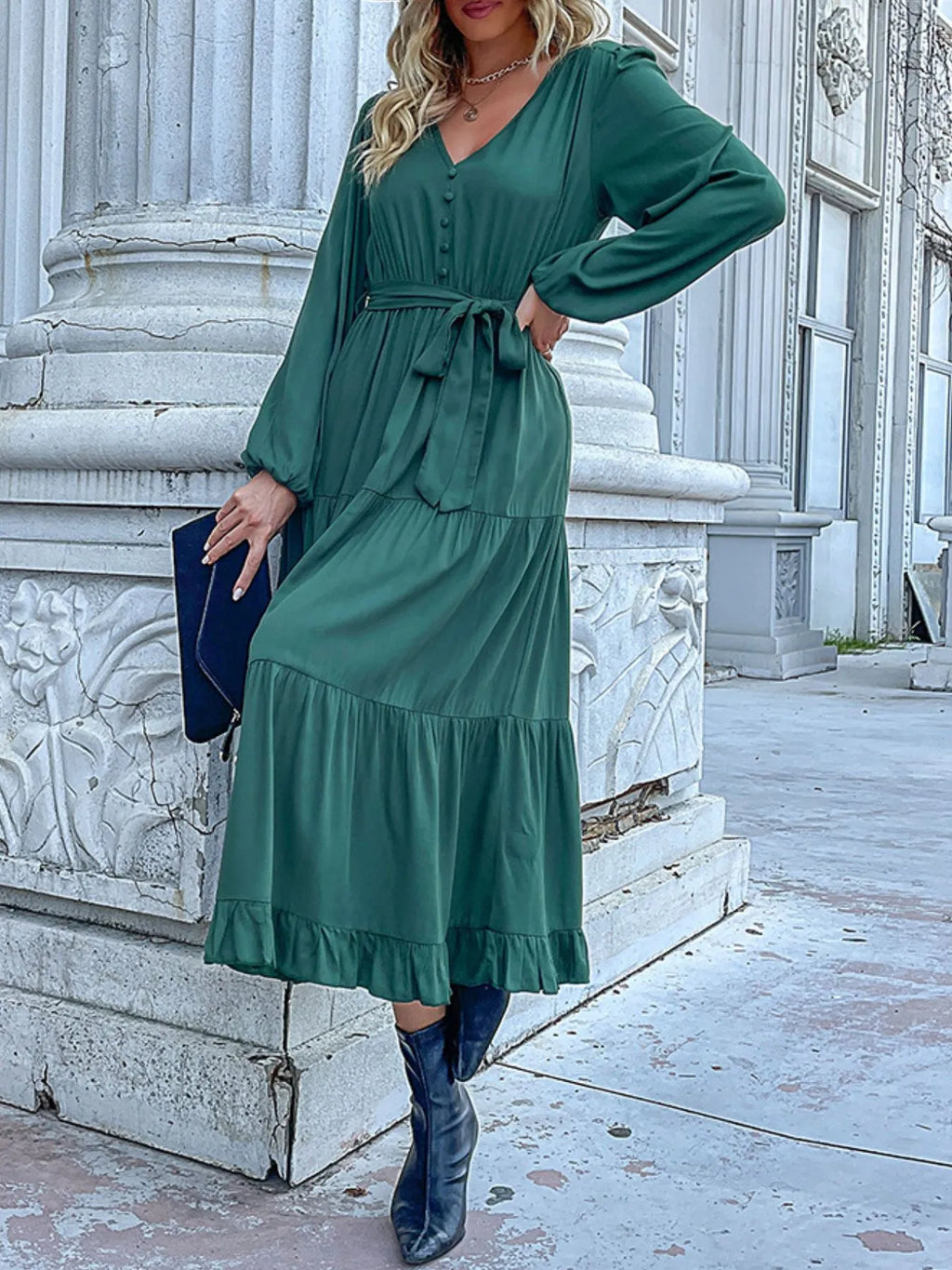 Ruffled Hem V-neck Balloon Sleeve Dress (4)