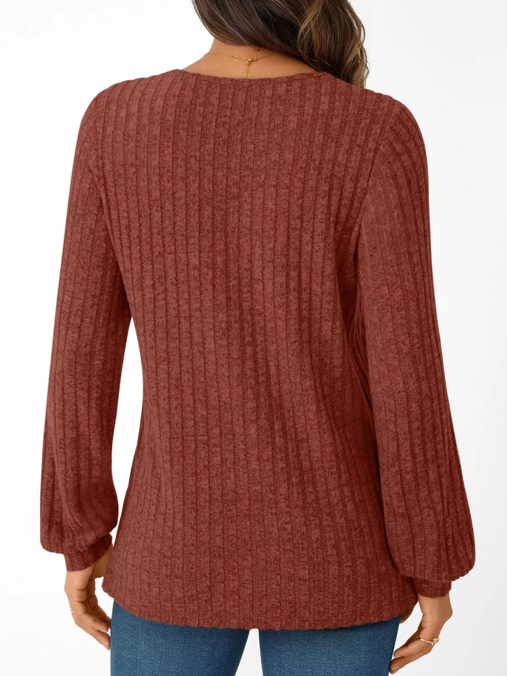 Ribbed Knit V-neck Long Sleeve T-shirt (20)