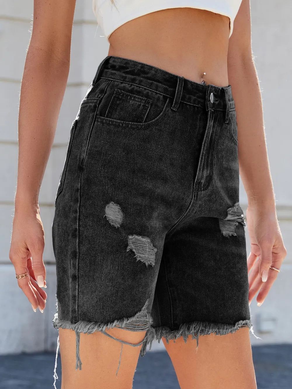 Distressed Raw Hem Denim Shorts (11)