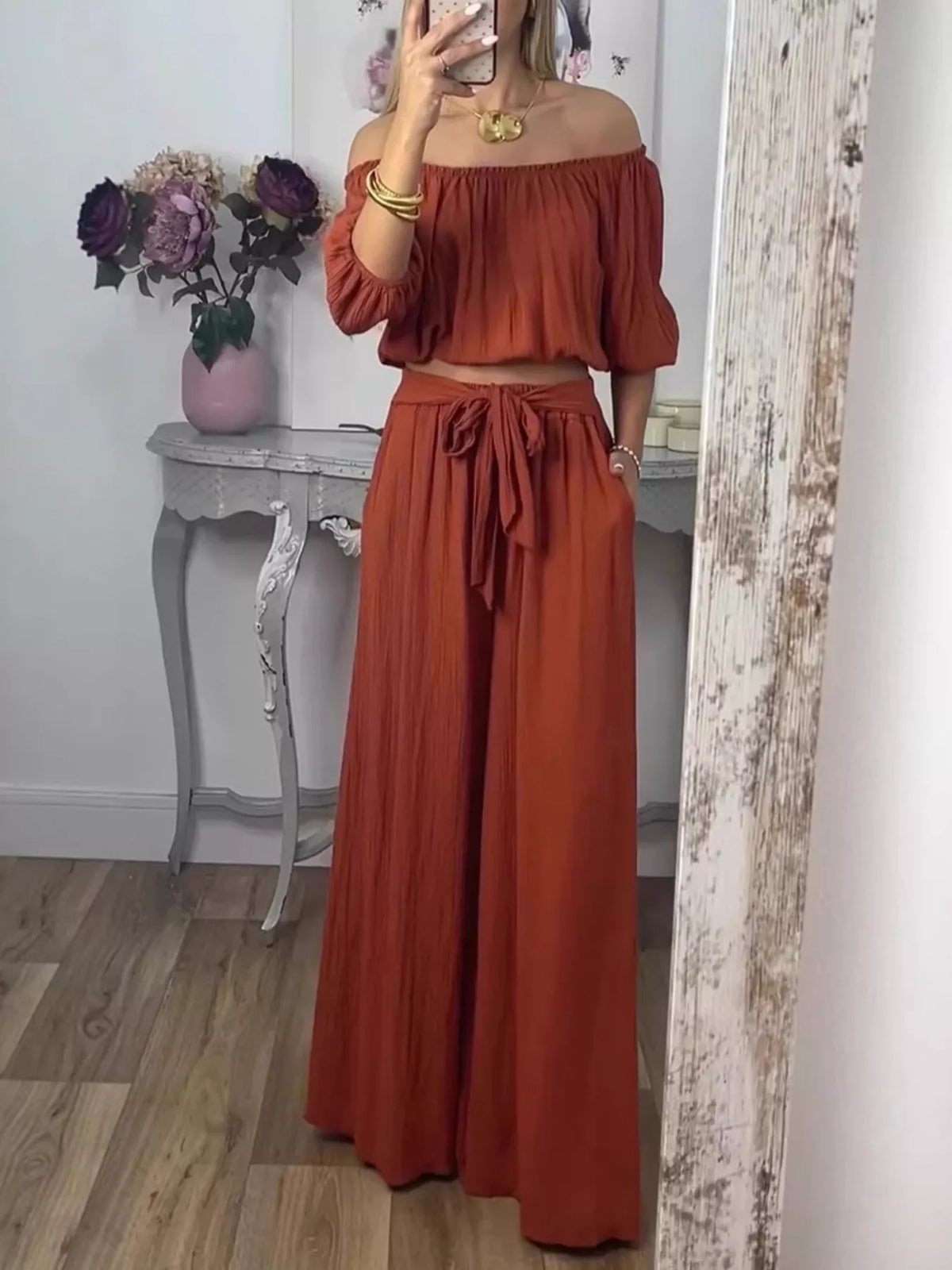 Full Size Off-shoulder Top Pants Set Plus (4)