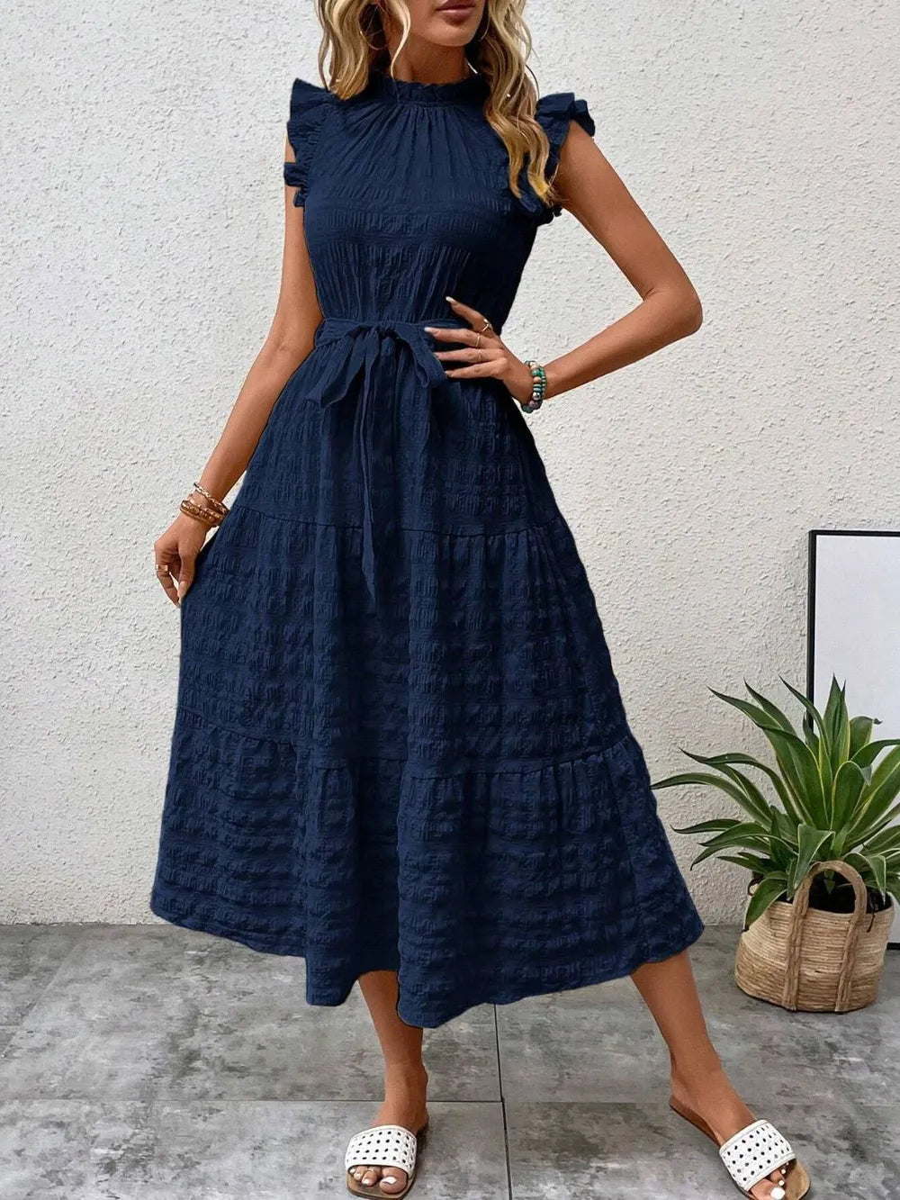 Tied Ruffled Cap Sleeve Midi Dress (18)