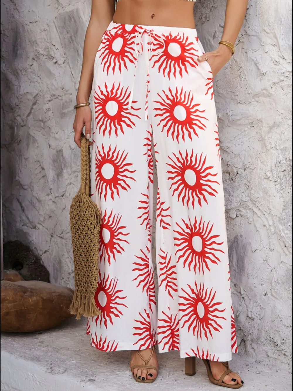 Drawstring Printed Wide Leg Pants (26)