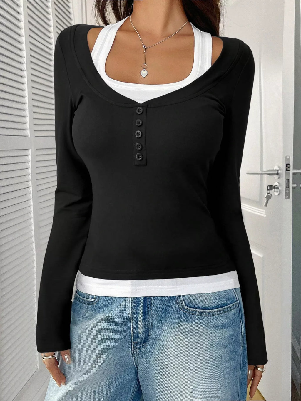Scoop Neck Long Sleeve Fake Two-piece T-shirt (14)