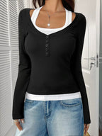 Scoop Neck Long Sleeve Fake Two-piece T-shirt (14)