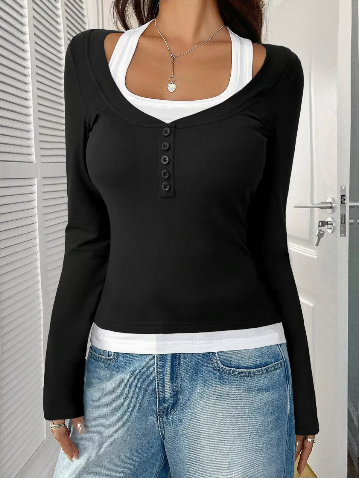 Scoop Neck Long Sleeve Fake Two-piece T-shirt (14)