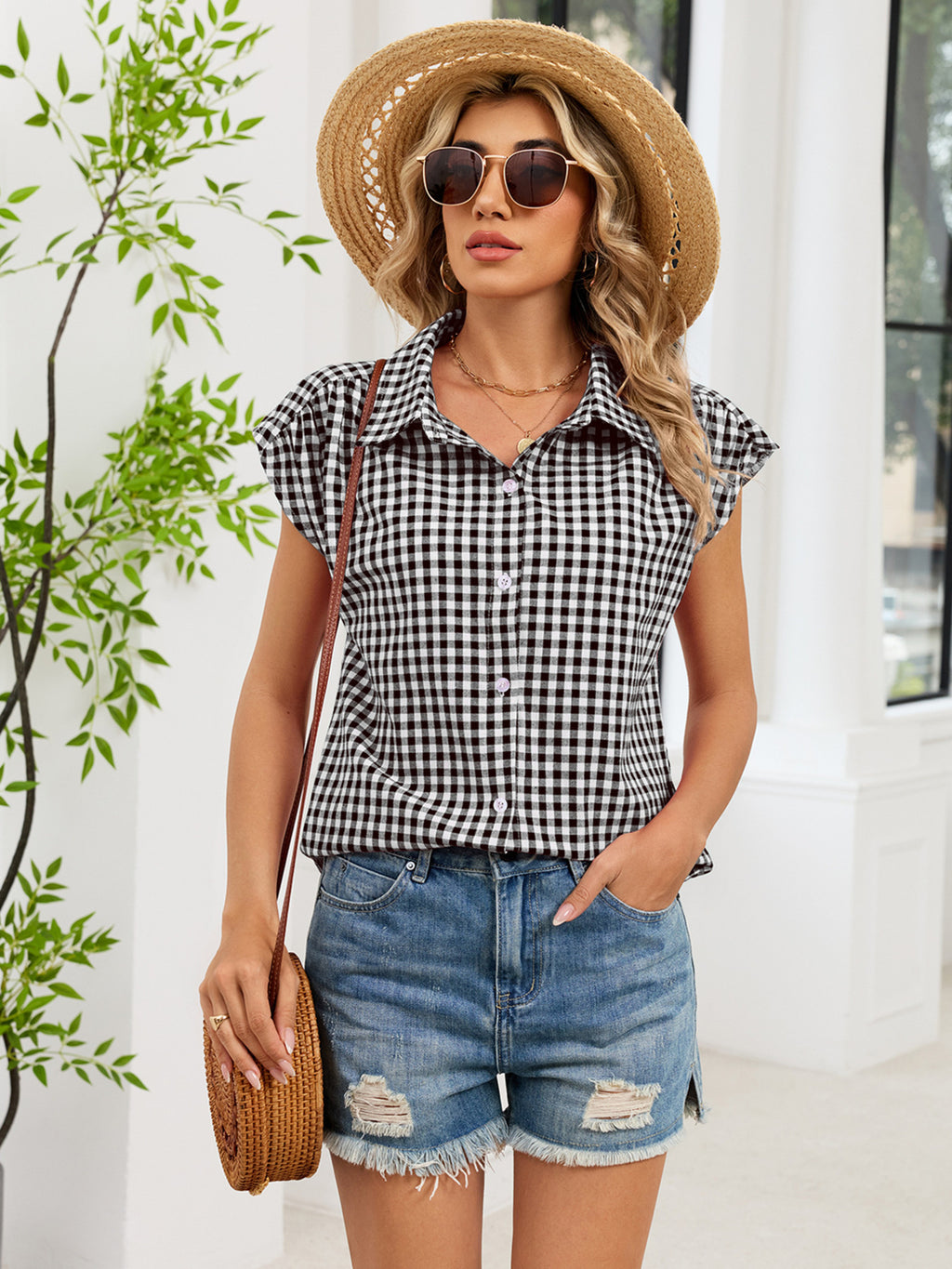 Plaid Button Up Cap Sleeve Shirt (18)
