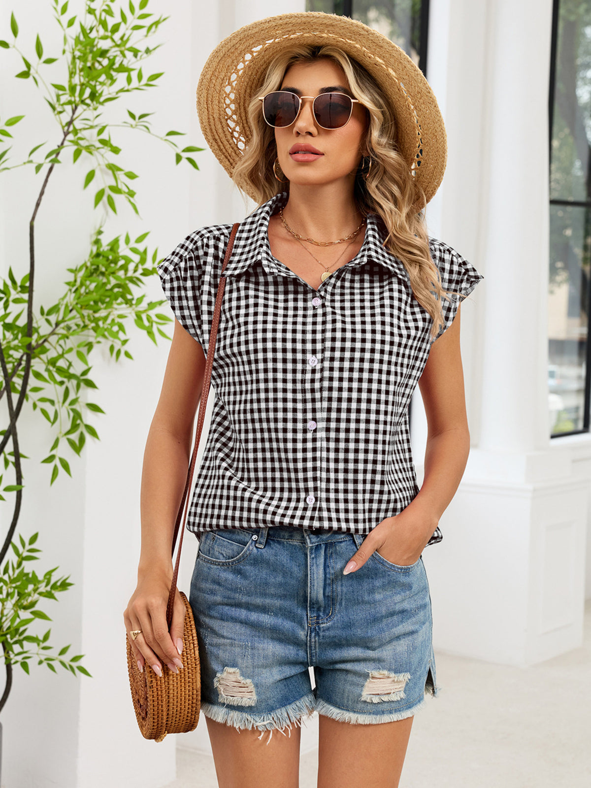 Plaid Button Up Cap Sleeve Shirt (18)