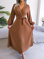 Elegant Pleated Front Tie Long Sleeve Dress (8)