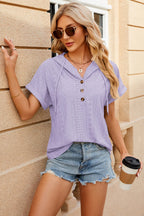 Eyelet Drawstring Hooded Short Sleeve Blouse (35)