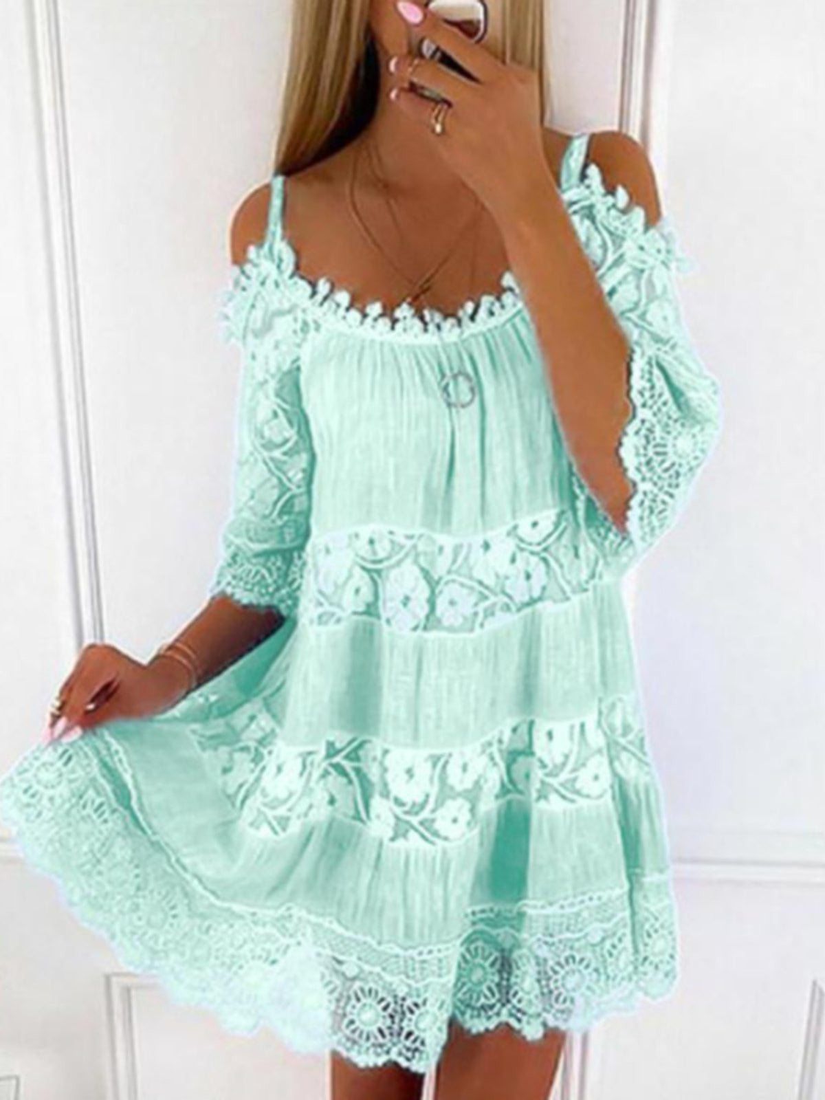 Full Size Bohemian Lace Cold Shoulder Mini Dress Plus (4)