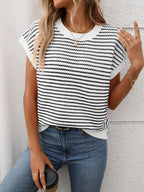 Striped Round Neck Short Sleeve Knit Top (4)