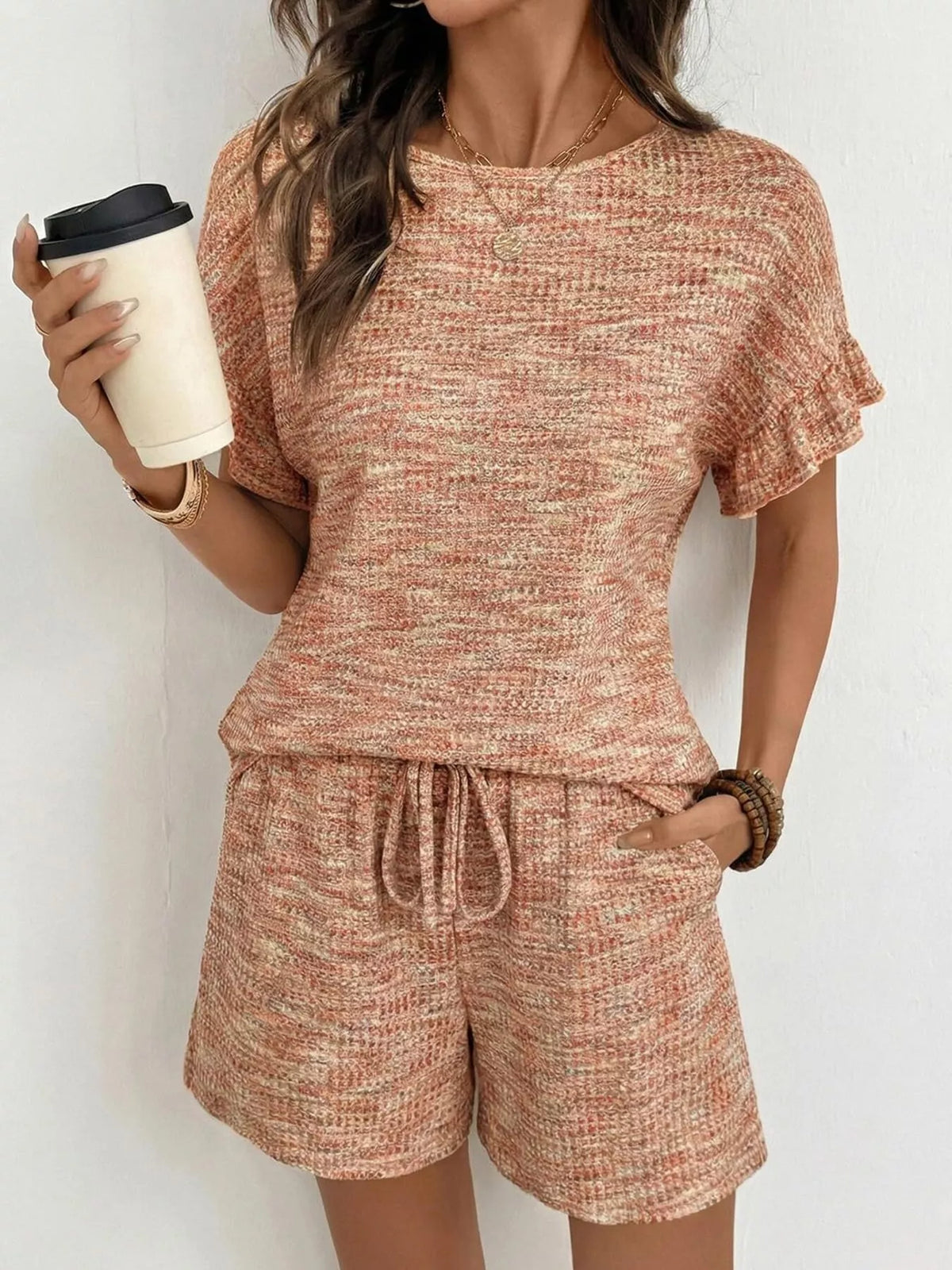 Ruffle Sleeve Textured Top Shorts Set (19)
