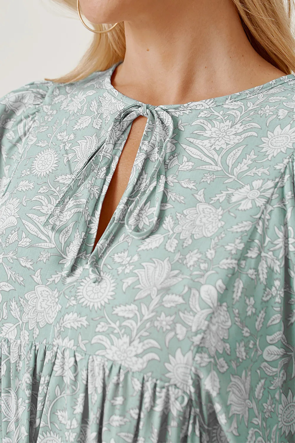 Floral Tie Neck Ruched Babydoll Dress (10)