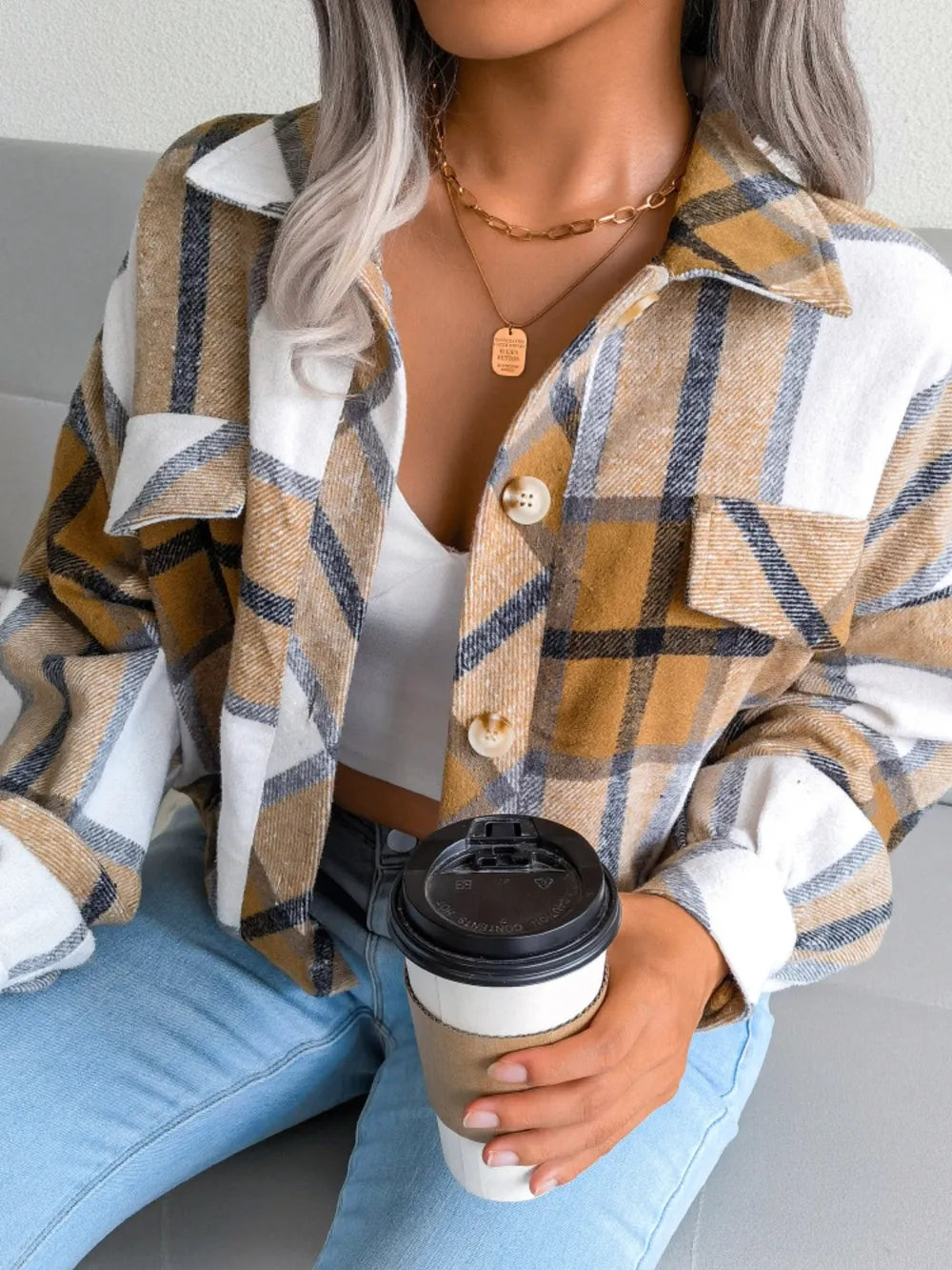 Plaid Collared Neck Long Sleeve Jacket (10)