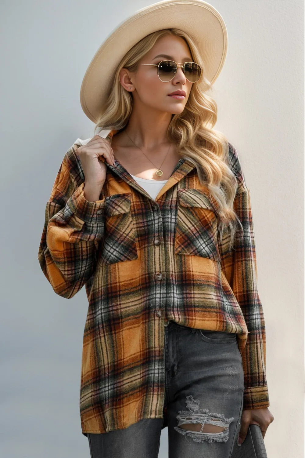 Drawstring Plaid Long Sleeve Hooded Shacket (3)