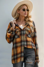 Drawstring Plaid Long Sleeve Hooded Shacket (3)
